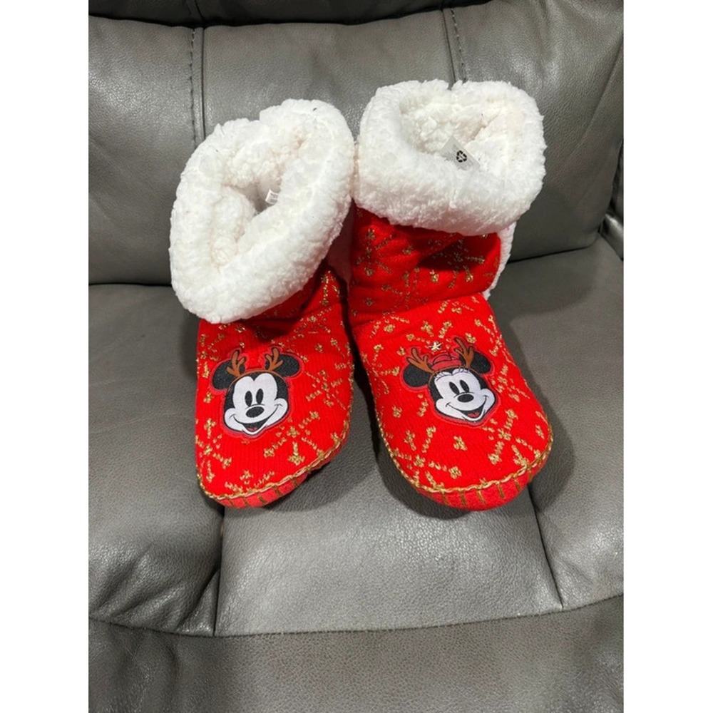 Disney Mickey Mouse Reindeer Christmas Slipper Boots Red Gold Kids Size L 7/8